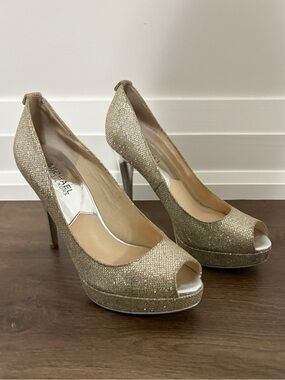 Used Michael Kors Silver Glitter Peep-Toe Platform Pumps - 8